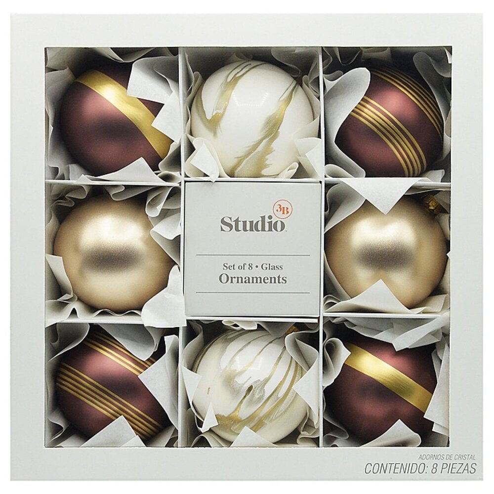 Studio 3B 8-Piece Modern Glass Christmas Ornament Set in Burgundy